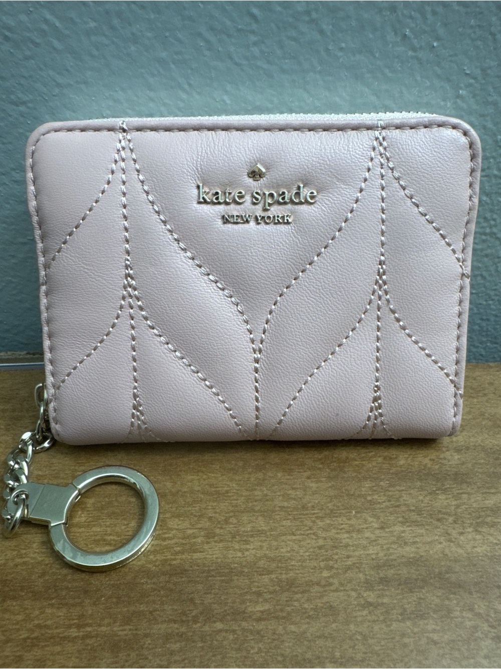 kate spade Quilted Zip-Around Card Wallet in Pale Pink with Keyring